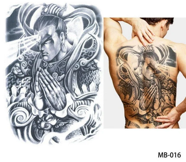 48*35 cm large tattoo stickers 2018 new designs fish wolf buddha waterproof temporary flash tattoos full back chest body for men