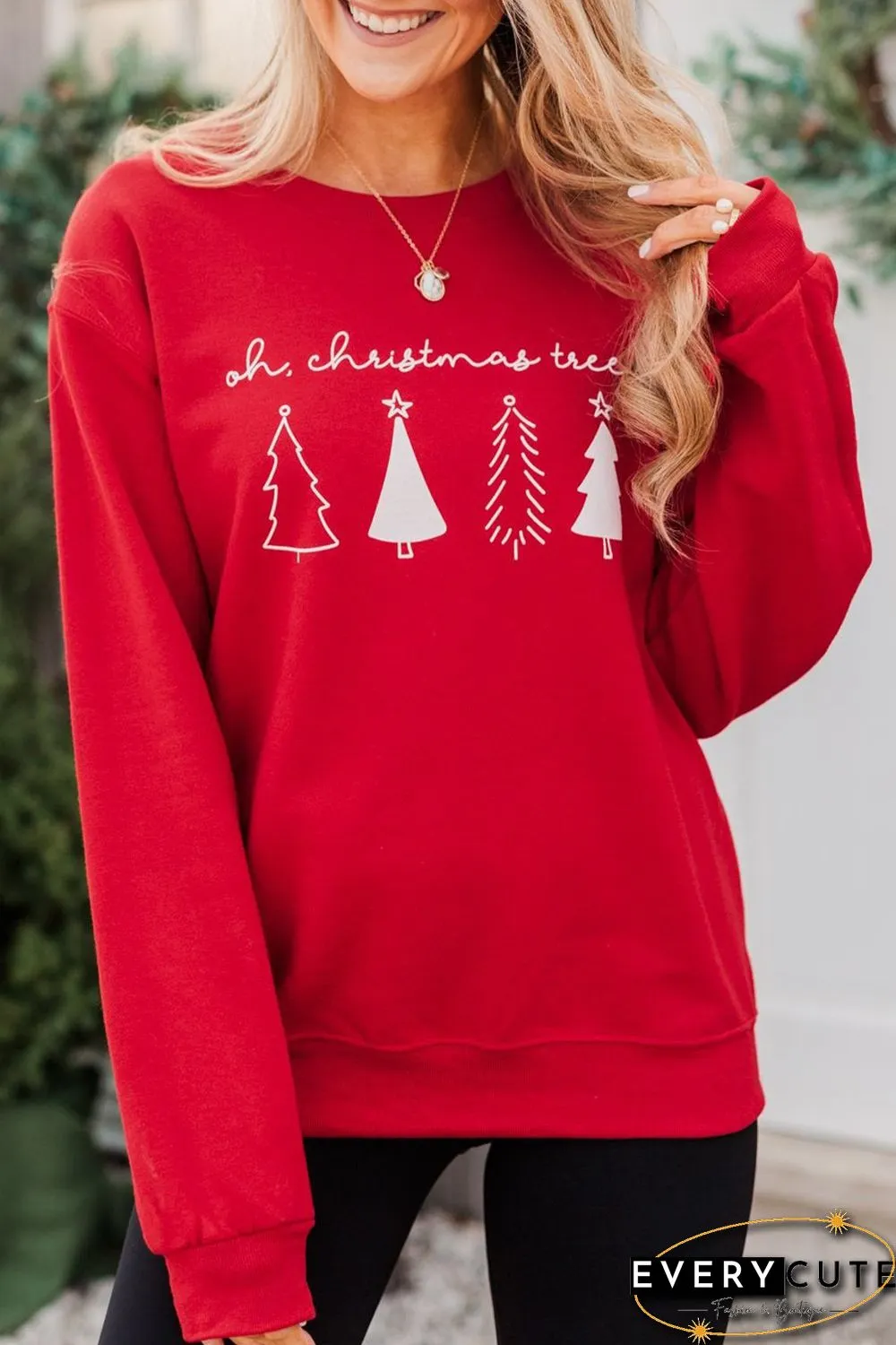 Red Christmas Tree Letter Graphic Print Long Sleeve Sweatshirt