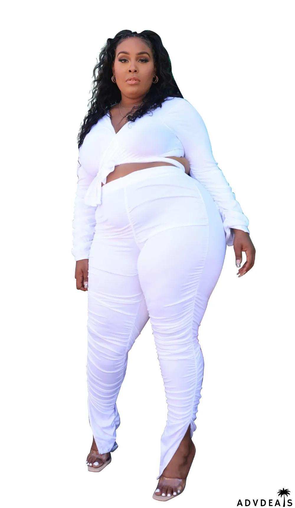 Plus Size Women Solid V-Neck Lace-Up Pleated Long Sleeve Top + Pants Two-Piece Set