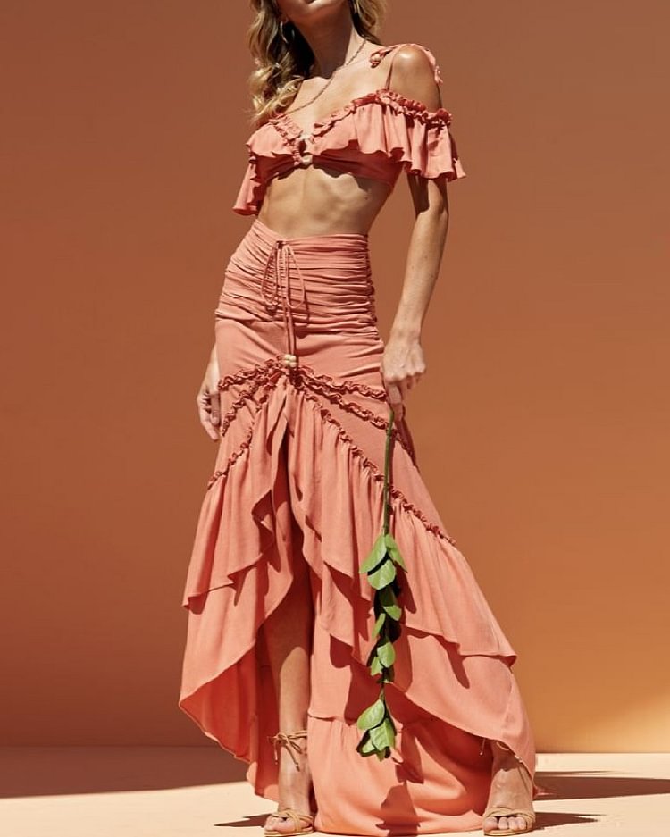 Ruffled Pleated Shirt Multi-layer Slit Maxi Skirt Suit
