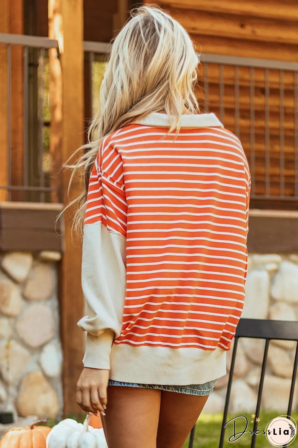 Orange Stripe Color Block Loose Fit Collared Drop Shoulder Sweatshirt