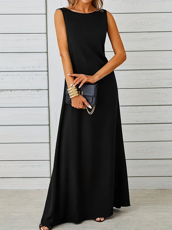 Solid Color Sleeveless Loose Round-Neck Maxi Dresses