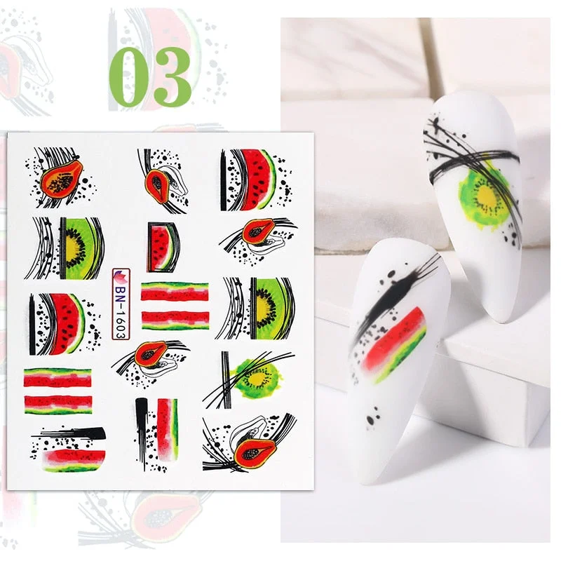 1PC Avocado/Watermelon/Orange Nail Stickers Summer Fruit Leaves Transfer Decals Sliders For Nails DIY Decoration Manicures-Nail Inspo