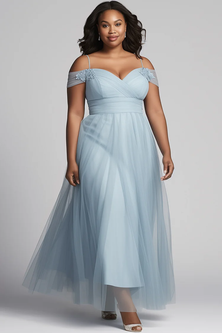 Xpluswear Design Plus Size Wedding Guest Blue Off The Shoulder Cold Shoulder 3D See Through Tulle Maxi Dresses [Pre-Order] 2024 - Xpluswear