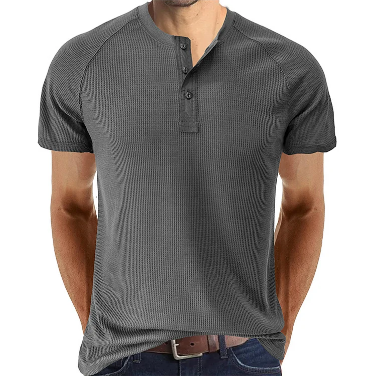 BrosWear Men's Solid Waffle Henry Neck Short Sleeve T-Shirt