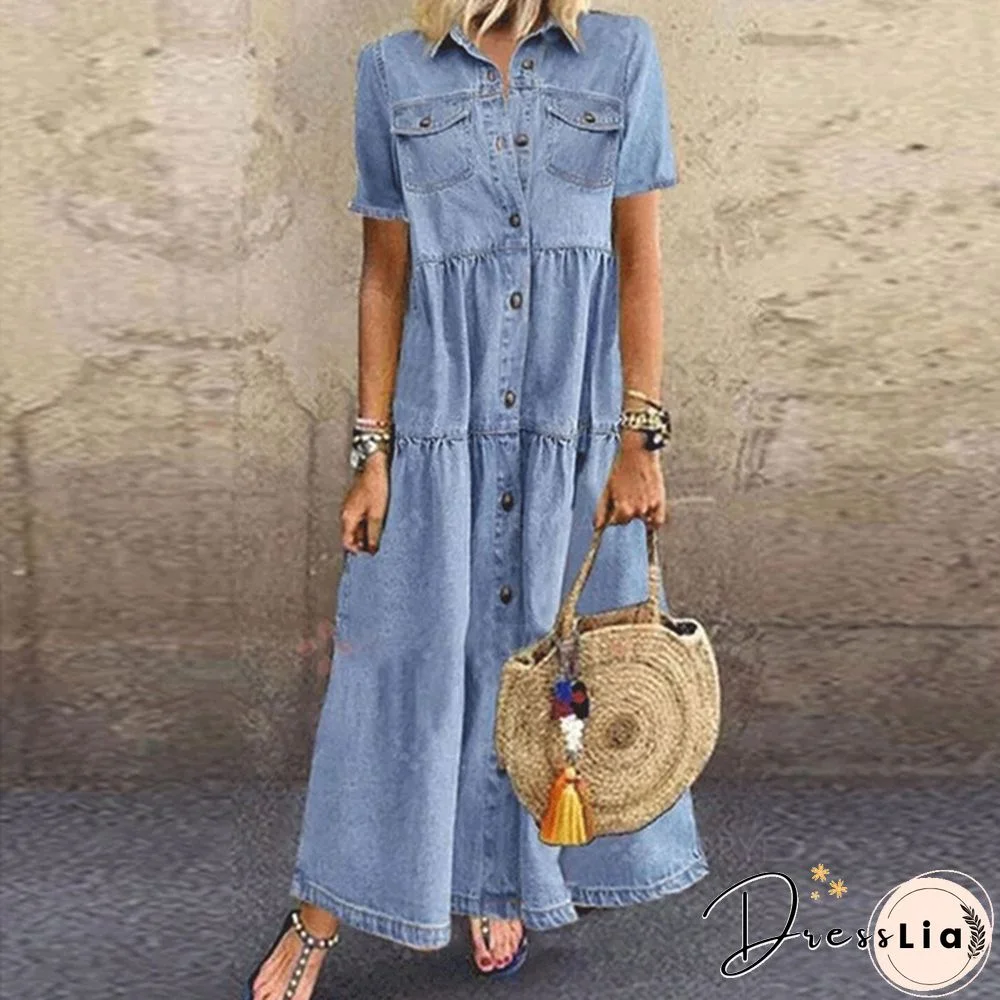 Ladies Summer Autumn Denim Long Skirt Retro Pocket Jeans Long Skirt Ladies Casual