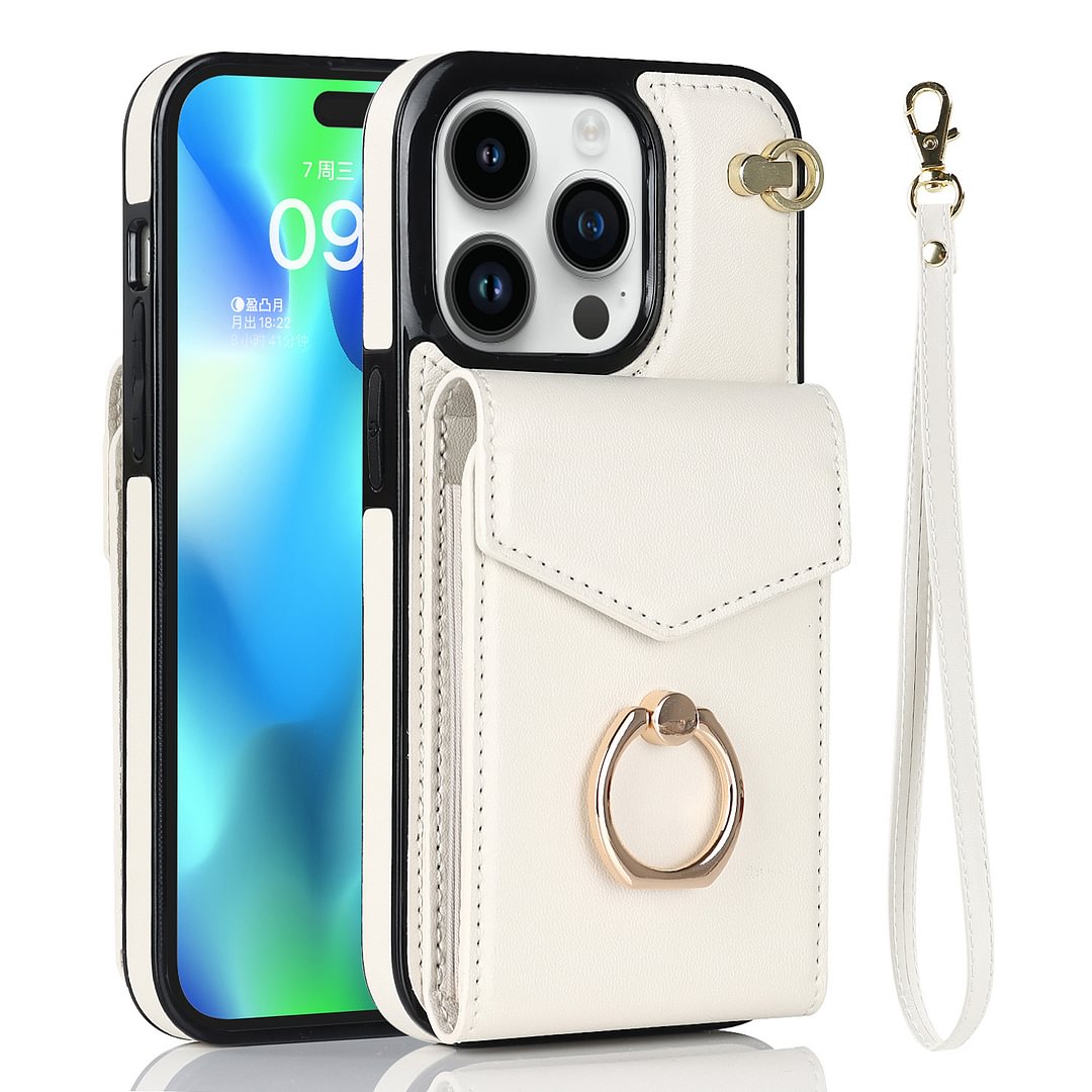 2022 New Fashion Travel Leather RFID Blocking Wallet Case with Ring & Lanyard For iPhone