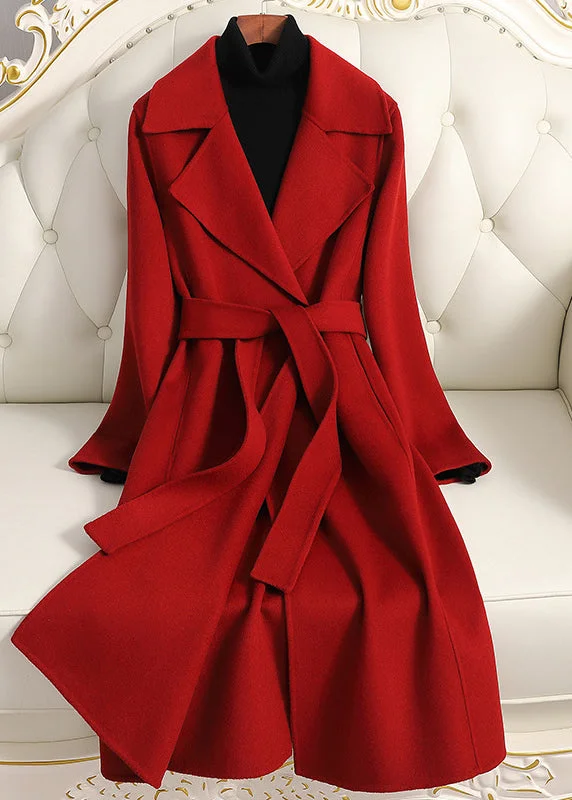 Unique Red Notched Tie Waist Woolen Maxi Coats Fall