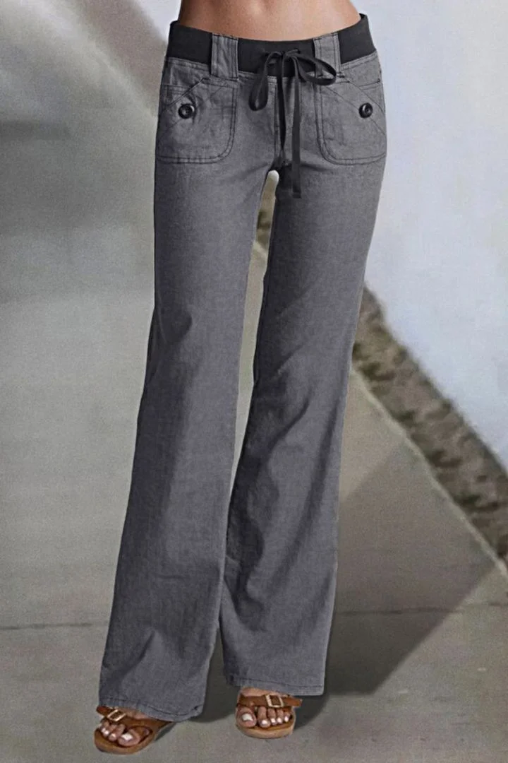 Button Detail Drawstring Low Rise Flare Pants
