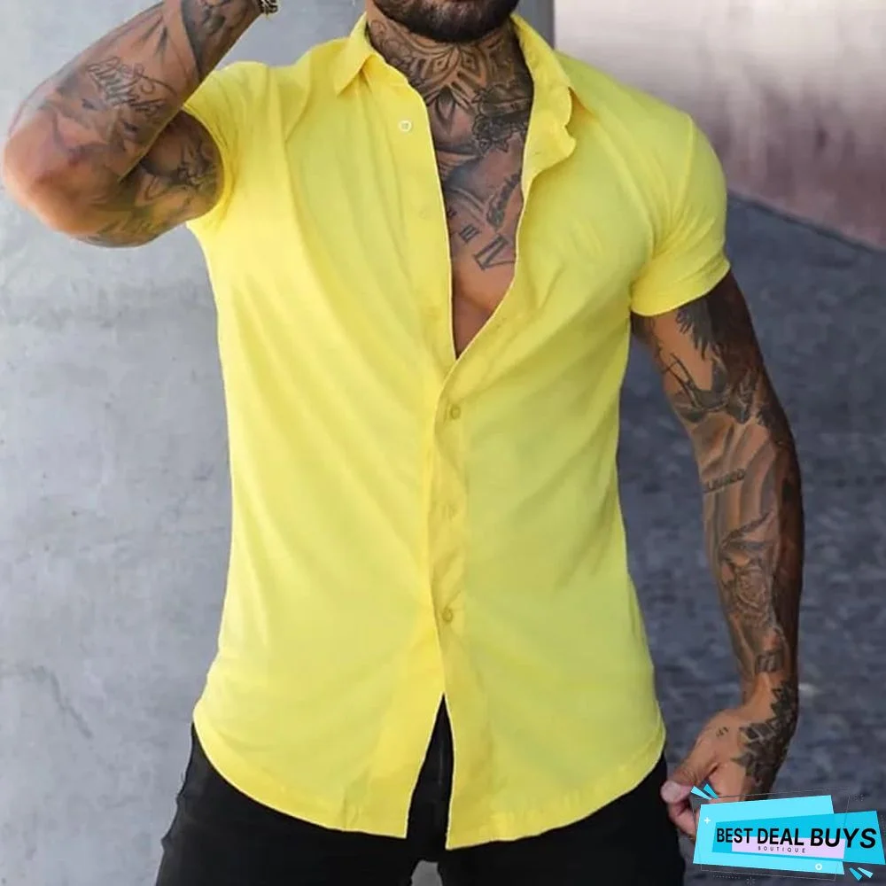 Men's Shirt Button Up Shirt Summer Shirt Casual Shirt Black White Yellow Pink Dark Navy Short Sleeve Plain Turndown Street Daily Clothing Apparel Fashion Casual Comfortable
