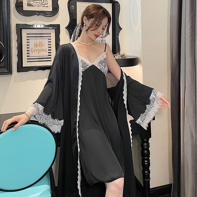 Uaang Pieces Robe Nightdress Set Summer Womens Lace Sleepwear Nightgown Loungewear Sexy Satin Kimono Bathrobe Gown Home Wear
