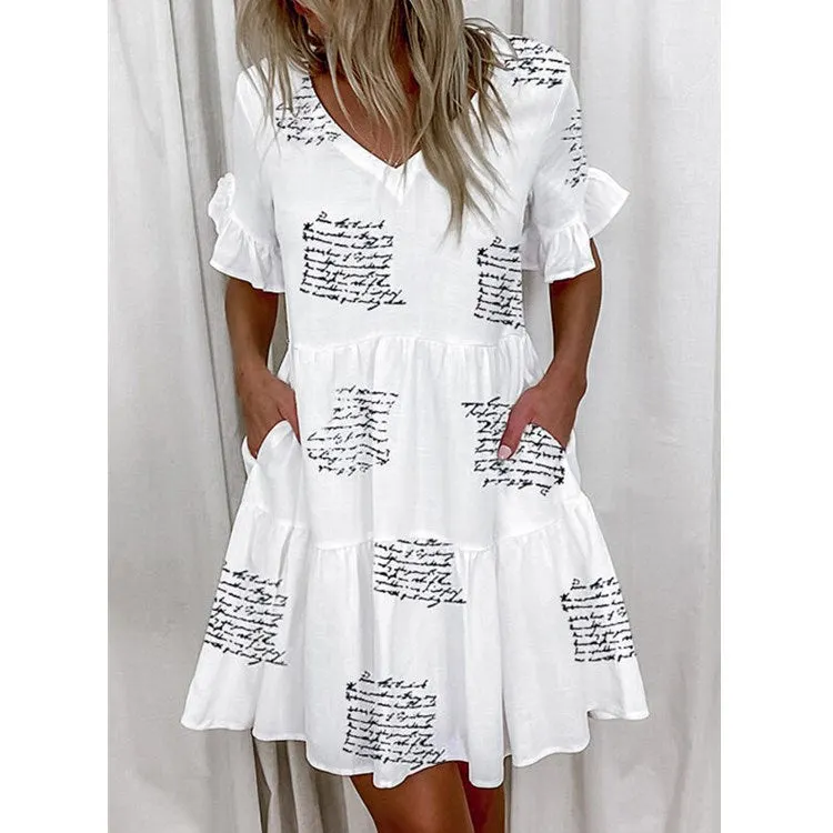 Brownm Regular Sleeve Fashion Short Printed Ruffle Pocket Dress