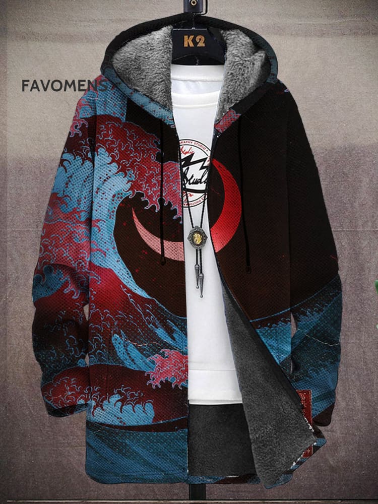 Men’s Japanese Style Moon Print Hooded Two-Pocket Fleece Cardigan Jacket Jacket(A) / Black M