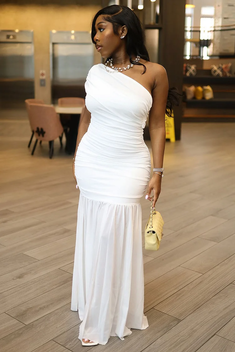Wrinkle One Shoulder Sleeveless Party Maxi Fishtail Dresses-White