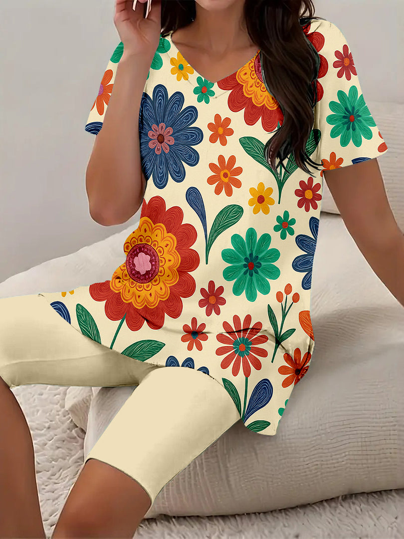 Women Long Sleeve V-neck Graphic Floral Printed Top