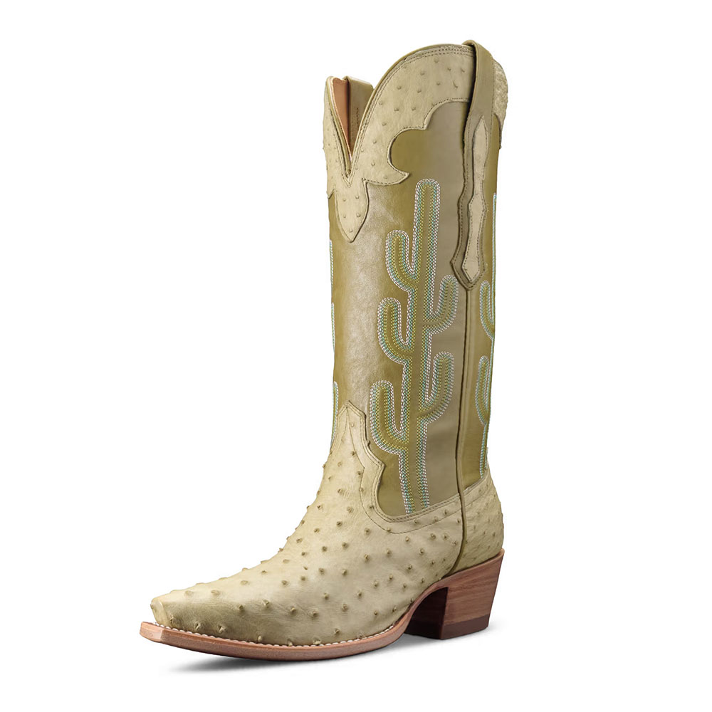 Olive Green Cactus Embroidered Block Heel Mid-Calf Cowgirl Boots Nicepairs