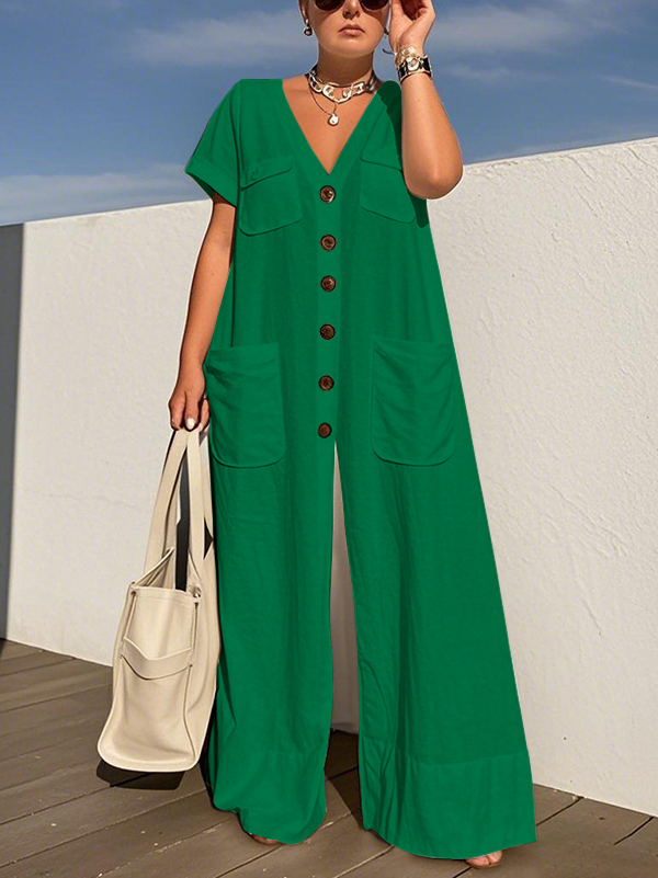 Solid Color Pockets Buttoned Wide Leg Short Sleeves V-neck Jumpsuits GREEN-2XL
