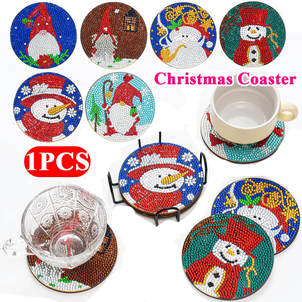 6pcs DIY Point Drill Coaster Christmas Style with Mat Shelf Kits(Wooden)