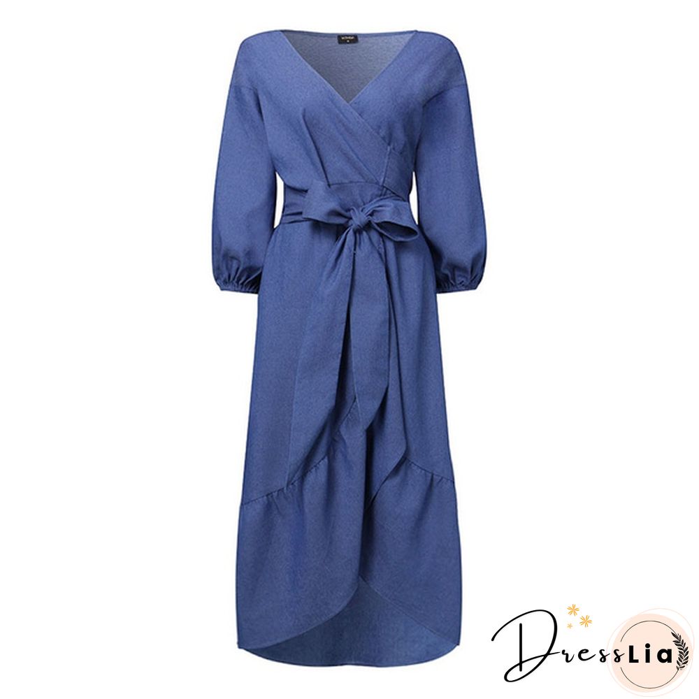 Women's Fashion Puff Sleeve Deep V Neck Tunic Denim Ruffled Dress Irregular Hem Elegant Party Long Dresses Vestidos S-5XL