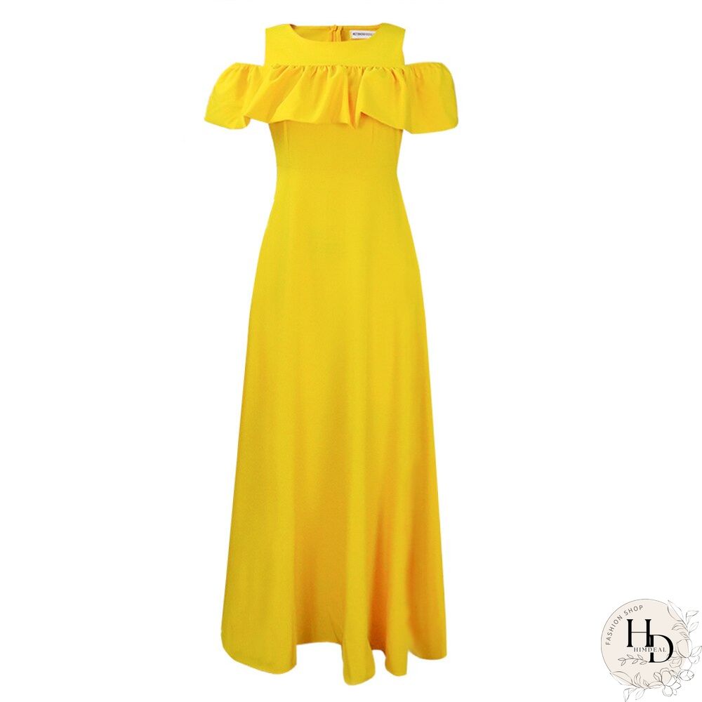 Summer New Round Neck Boho Dress Women Off-shoulder Temperament Short-sleeved Pleated Waist Long Dress