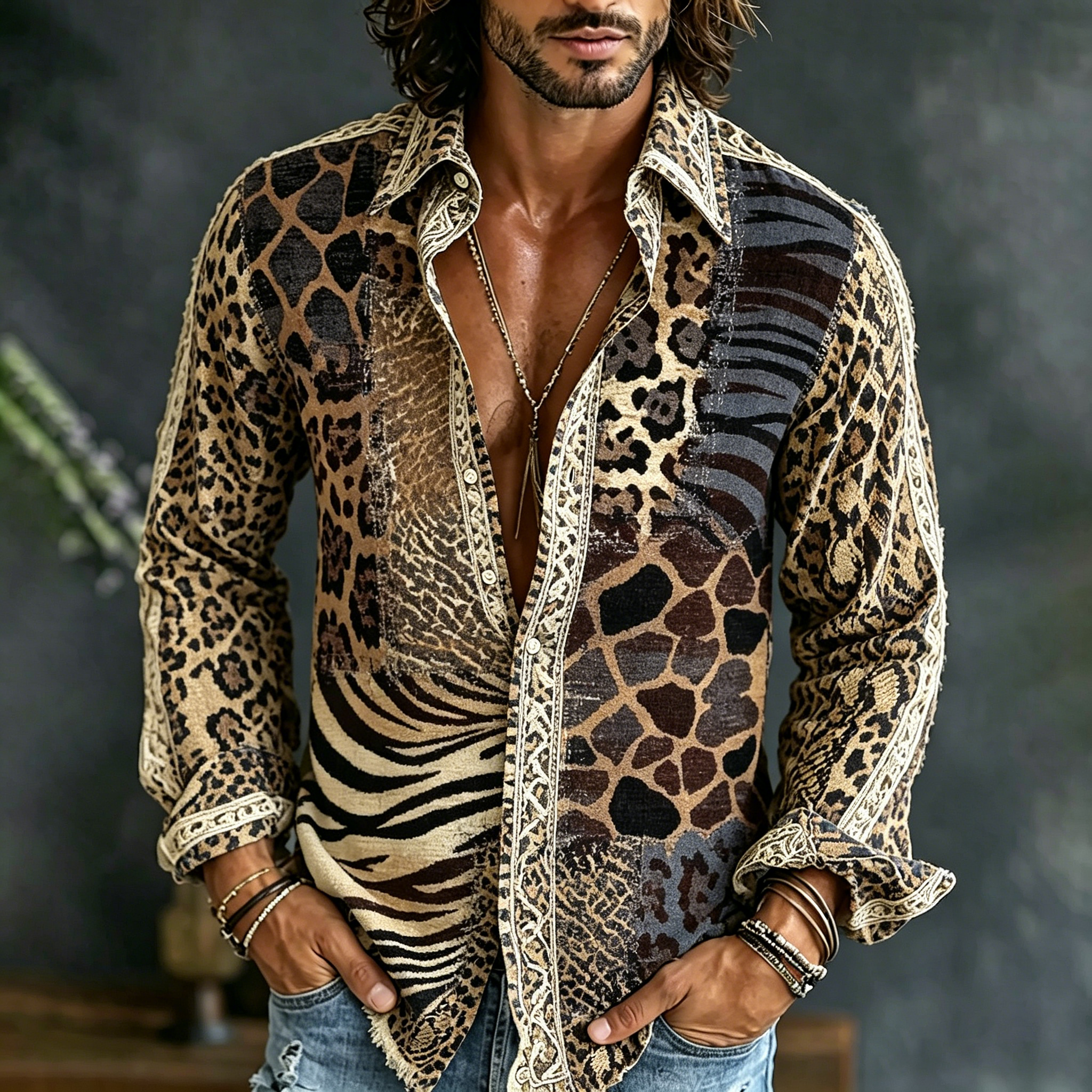 Comstylish Men's Vintage Leopard Patchwork Art Print Flowy Linen Blend Shirt