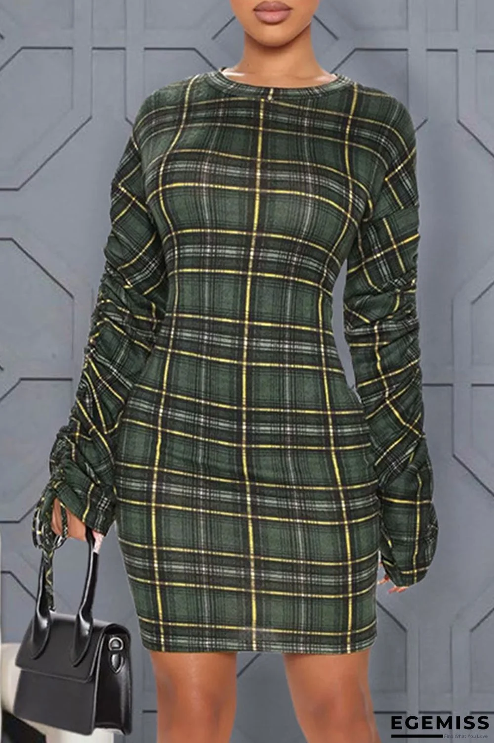 Olive Green Sexy Plaid Print Patchwork Frenulum Fold O Neck One Step Skirt Dresses | EGEMISS