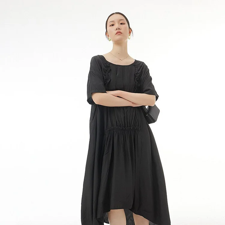 Elegant Solid Color Round Neck Ruffle Pleated Short Sleeve Dress      
