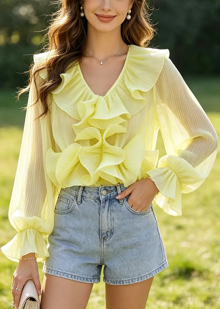 DIY Yellow Ruffled Flower Chiffon Pleated Shirts Summer