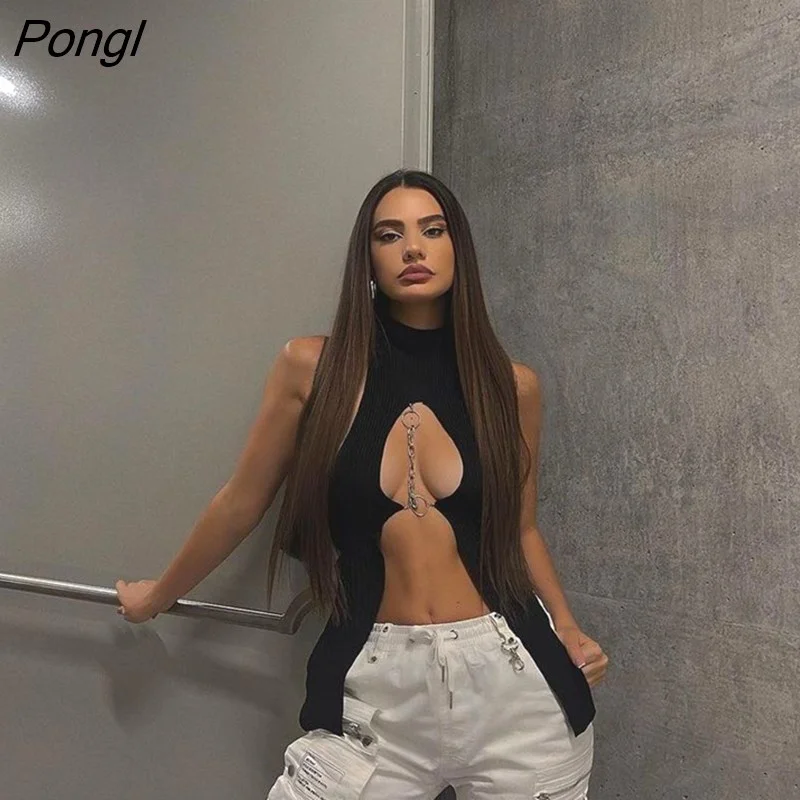 Pongl SXY Chain Decor Split Camisole Black Tank Sleeveless Polyester Cut Out Metal Decoration Backless Mock Neck Club Crop Top
