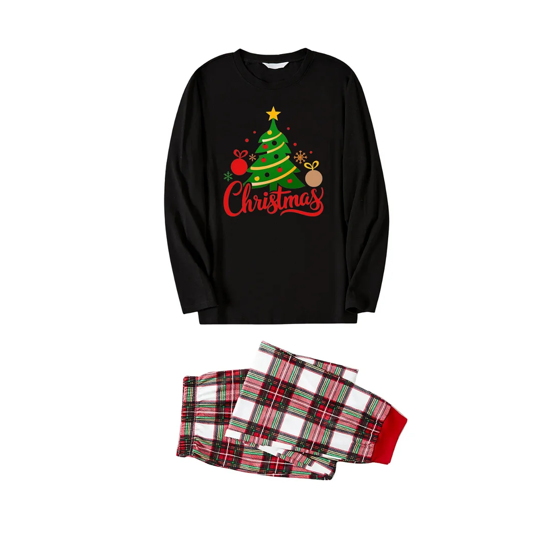 Christmas Tree Printed 2024 Black Long Sleeve Top and Red & Green & White Plaid Pants Family Matching Pajamas