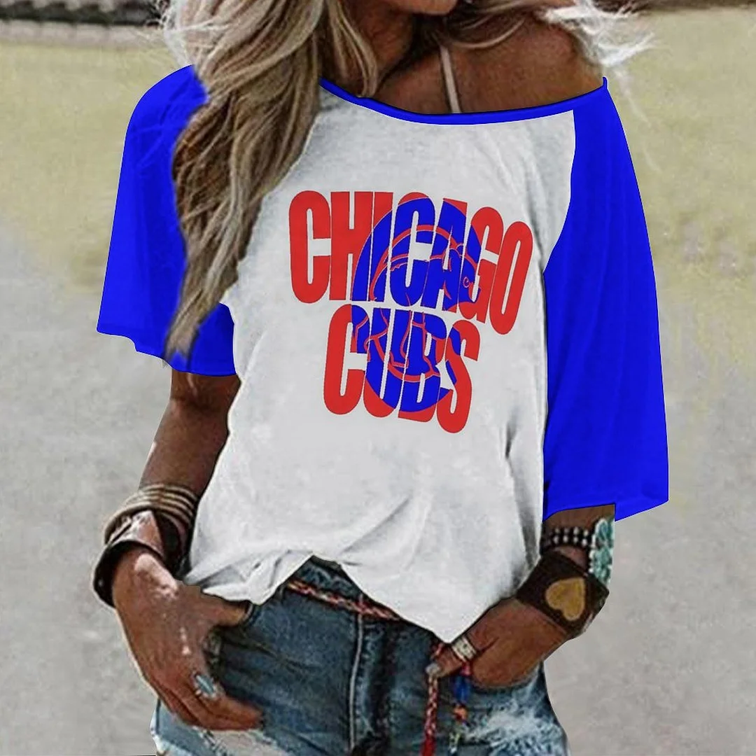Shoulder Off  Loose Short Sleeve Casual T-shirt for Women Printed with Pattern,Blue,Red
