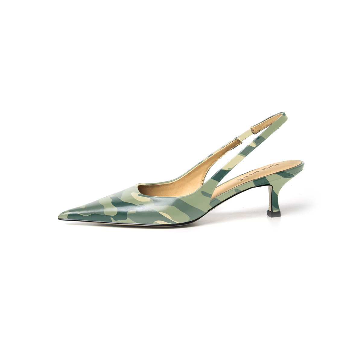 Green Camouflage Pattern Pointed Toe Kitten Heel Slingback Pumps Nicepairs