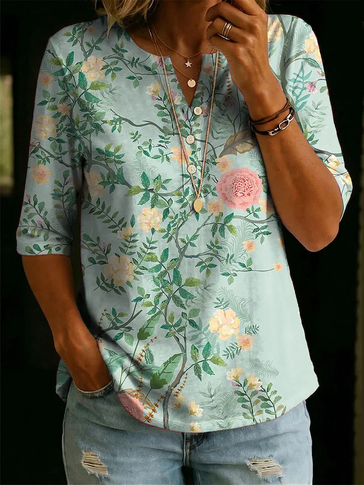 Women&rsquo;s Floral Pattern Art Casual Classic Henley Collar 100% Cotton T-shirt