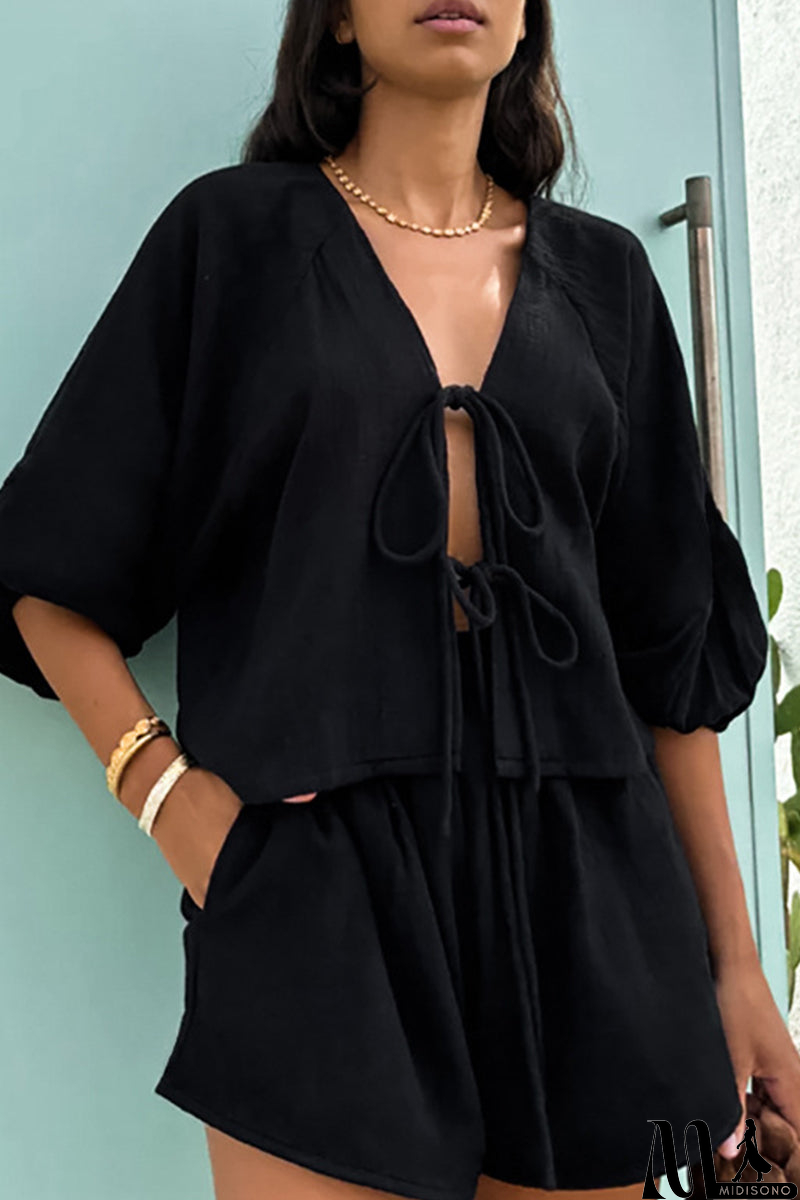 MidiSono - Casual Daily Solid Color Pocket Lace Up V Neck Long Sleeve Two Pieces