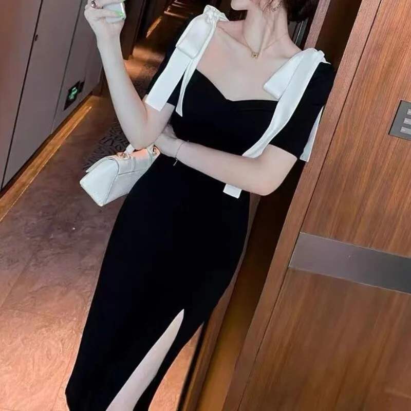 Jangj White Strap Square Collar Elegant Black Dress 2022 French Style Short Sleeve Split Dress for Female Luxury Clothing