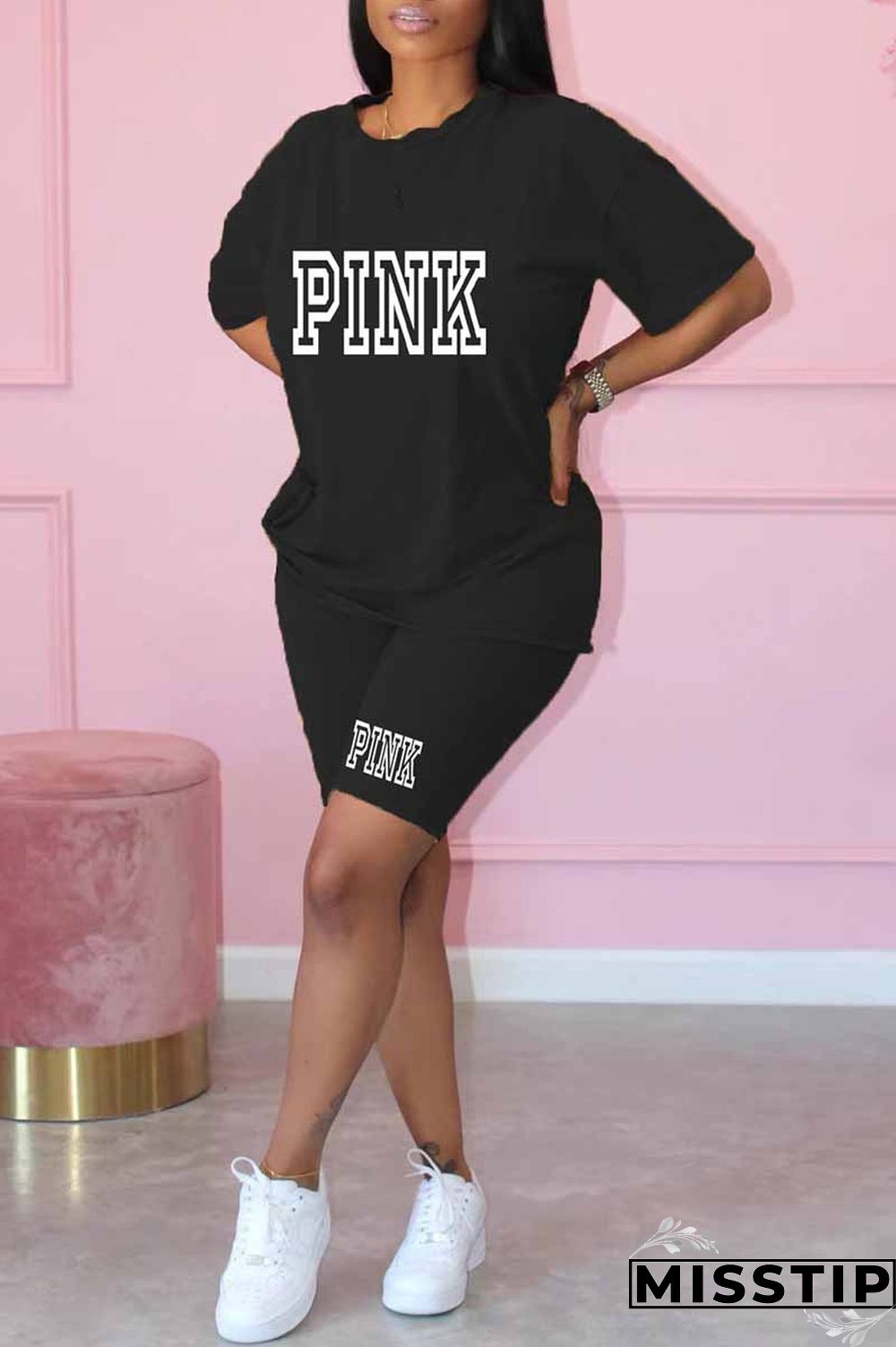 Khaki Casual Print Letter O Neck Short Sleeve Two Pieces