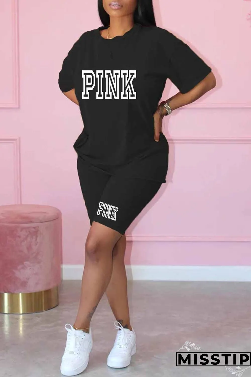 Khaki Casual Print Letter O Neck Short Sleeve Two Pieces