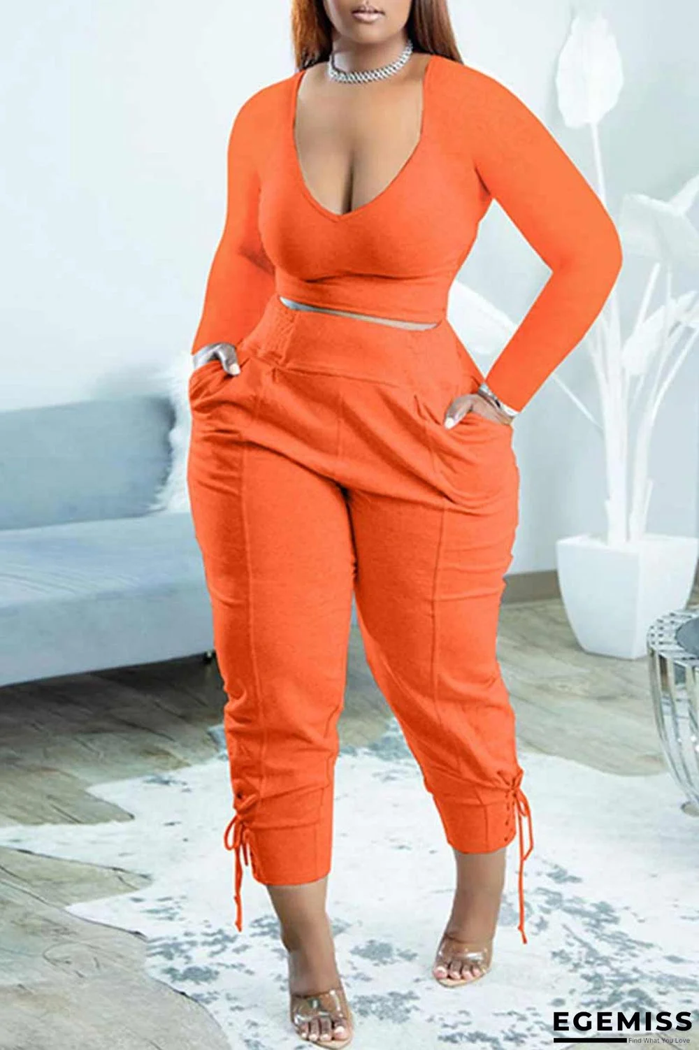 Tangerine Red Casual Solid Patchwork V Neck Long Sleeve Two Pieces | EGEMISS