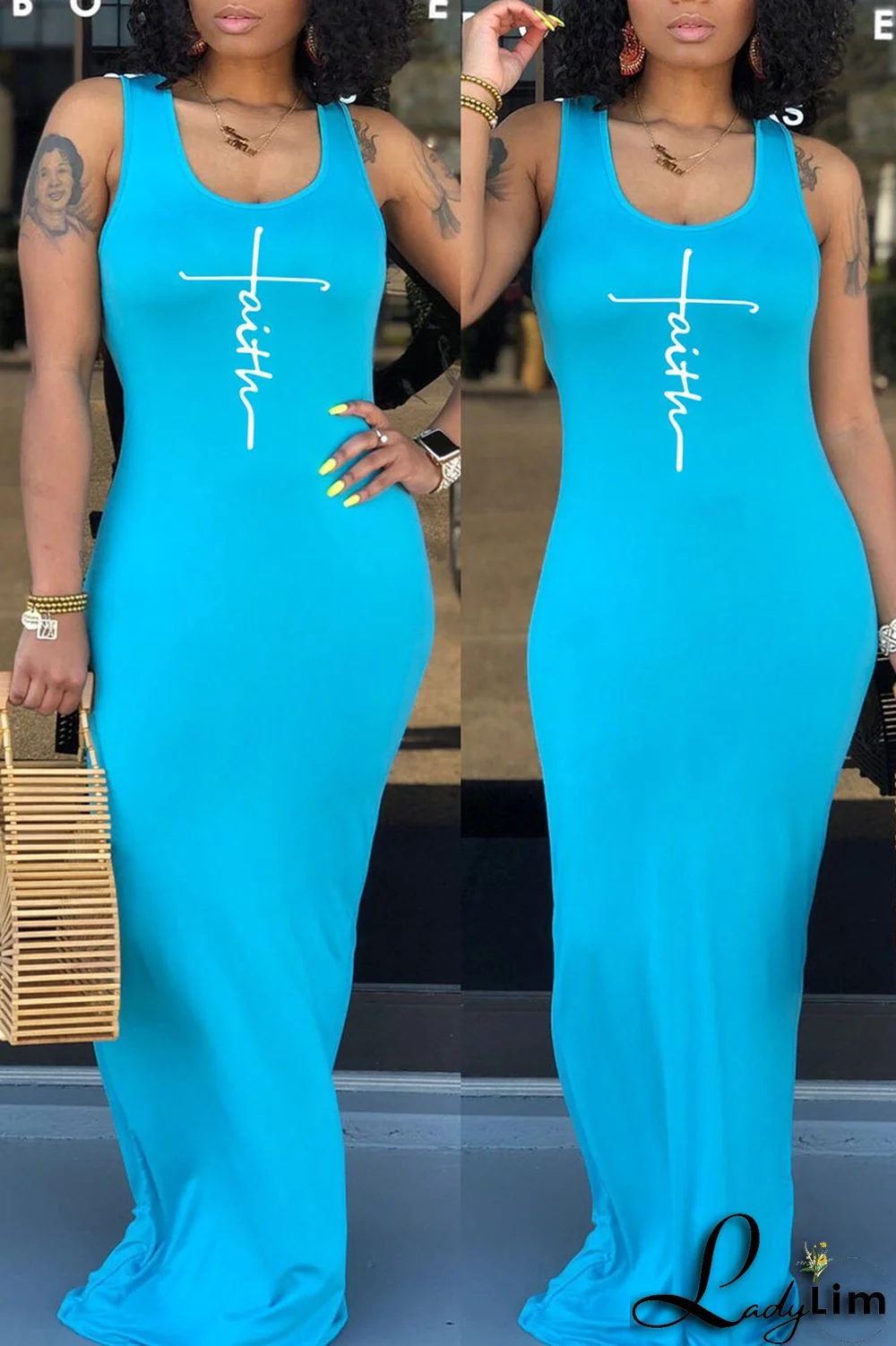 Fluorescent Yellow Casual Print Split Joint U Neck Straight Dresses