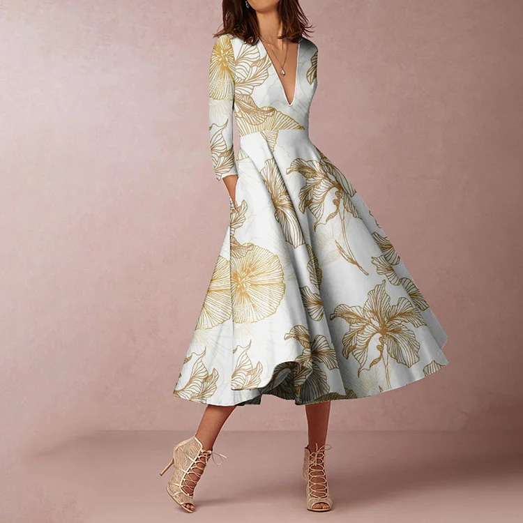 Vefave Elegant Gold Floral Print V Neck Midi Dress
