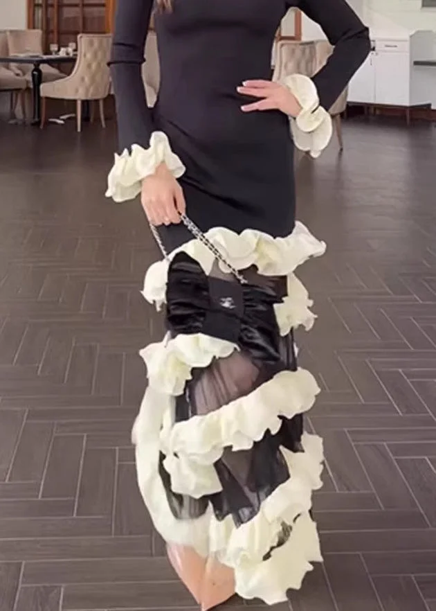 Organic Black White Striped O-Neck Ruffled Knit Patchwork Tulle Long Dress Spring