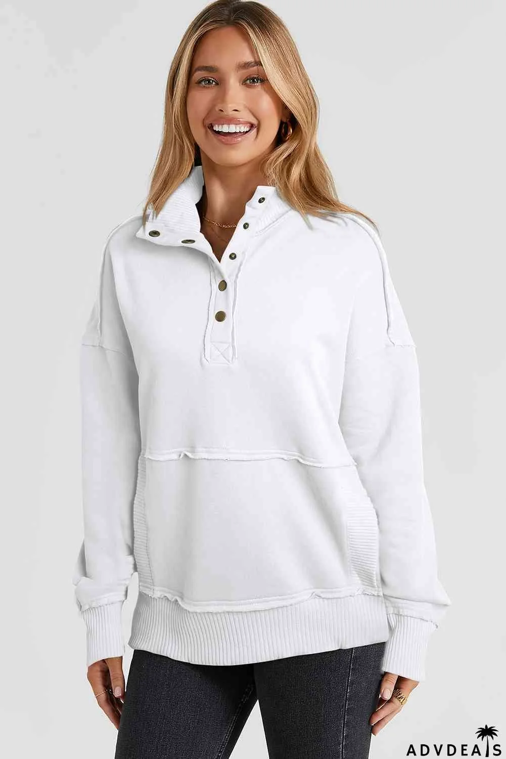 Half Snap Drop Shoulder Long Sleeve Sweatshirt