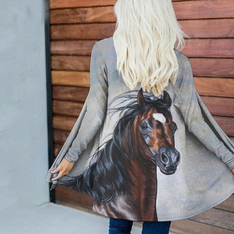 Vefave Western Horse Print Casual Cardigan