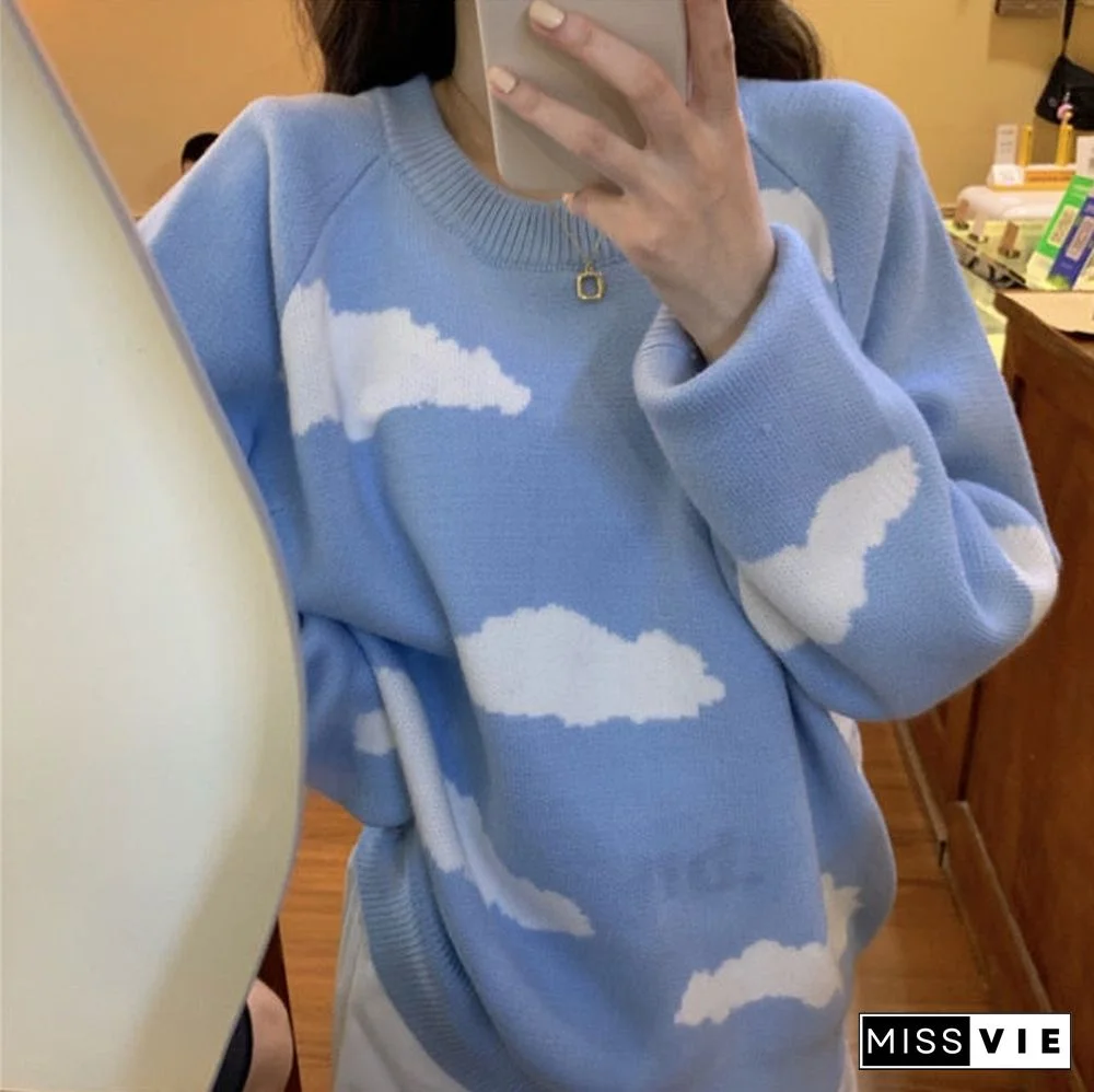 Korean Cartoon Cloud Women Sweater Chic Causal Oversized Knitted Pullover Tops Autumn New Pull Jumpers 6B805