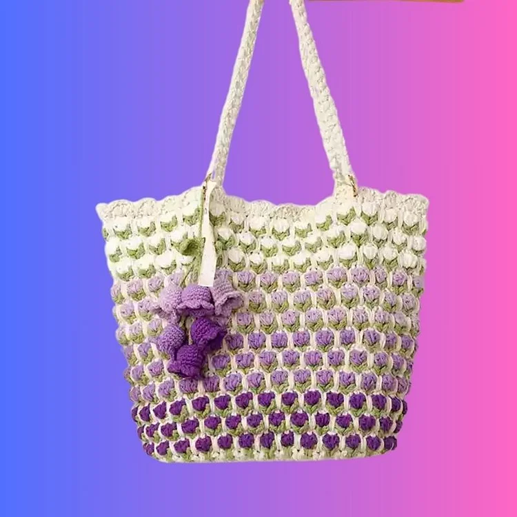 Lulusnow Handmade Multicolor Purple Tulip Bag Crochet Shoulder Bag Crochet Handbag  Gift For Her/Christmas/Valentine's/Easter/Mother Day 