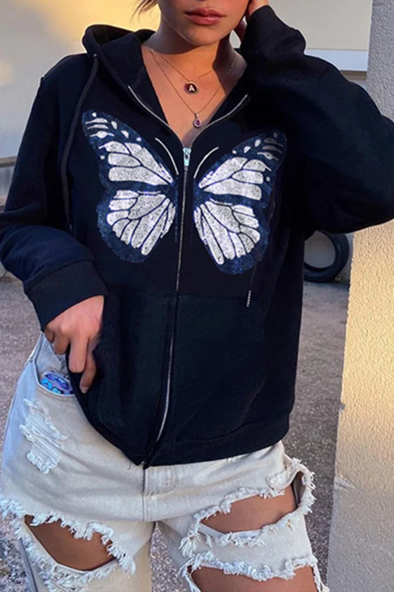 Black Fashion Casual Butterfly Print Basic Hooded Collar Outerwear