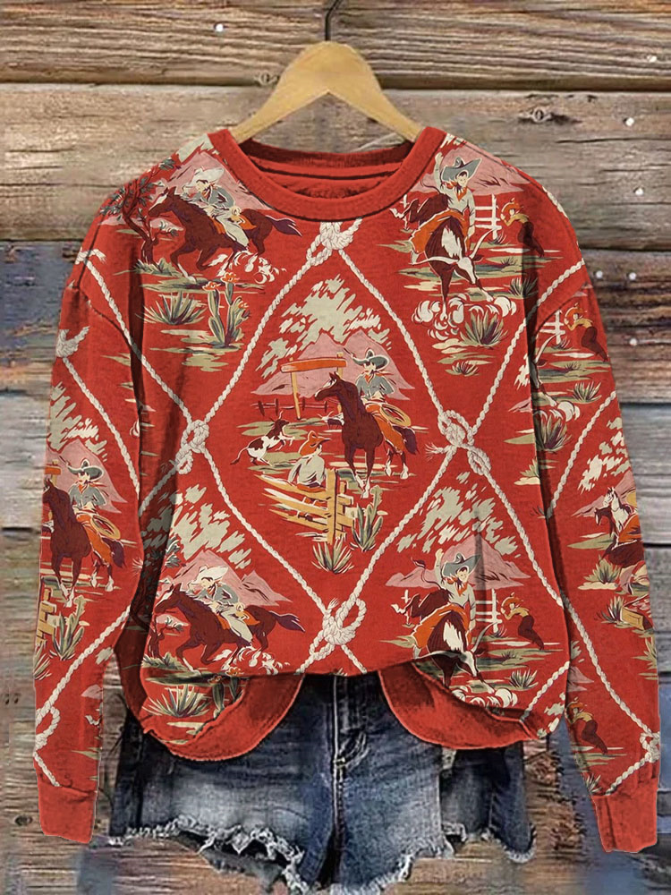  Vintage Western Cowboy Print Casual Cozy Sweatshirt Westsshops