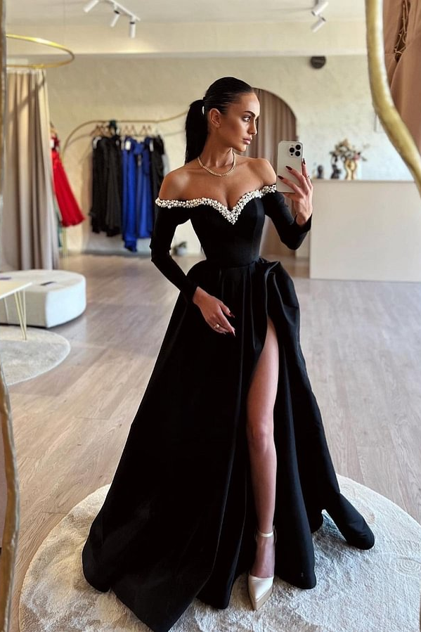Lisliy Elegant Black Long Sleeve Pearl Split Prom Dress