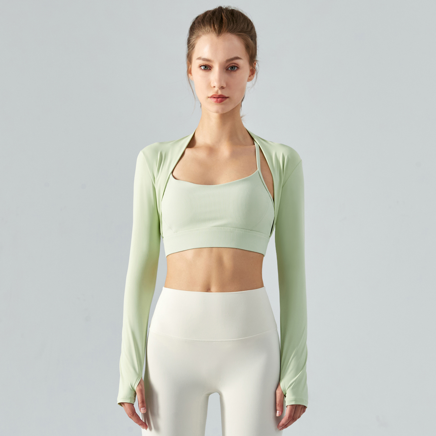 Different types Spring Rain Green of full sleeve eco friendly cool feeling sunscreen nude feel stretchy crop top workout coat online shopping on Hergymclothing