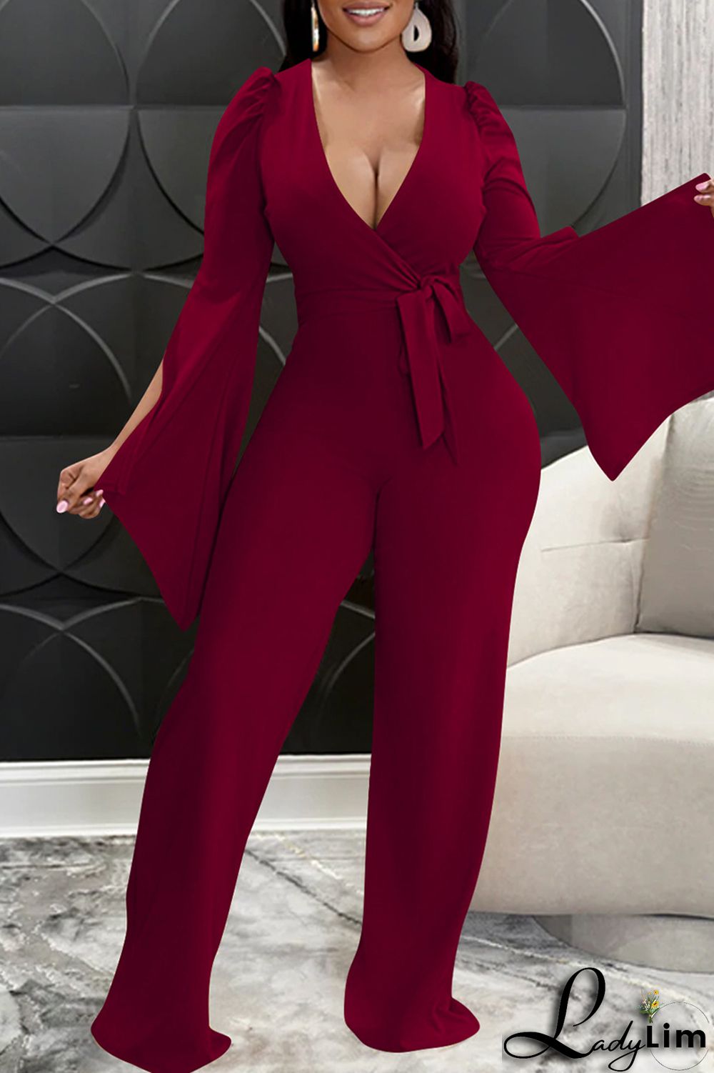 Blue Fashion Casual Solid Bandage Slit V Neck Regular Jumpsuits